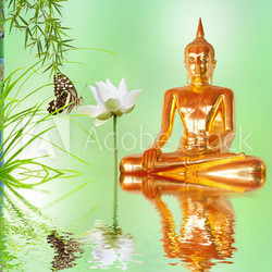 bouddha doré, lotus et bambou
