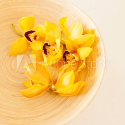 closeup of wooden bowl with orchid flowers