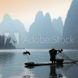 Chinese man fishing with cormorants birds