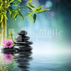 tower black stone and hibiscus with bamboo on the water