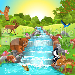 animals drinking water from the brook