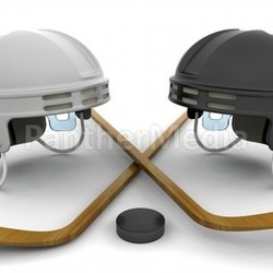 Ice hockey helmets, sticks and puck