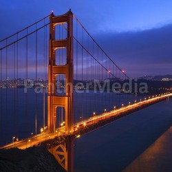 Golden Gate Bridge Sunset Pink Skies Evening with Lights of San