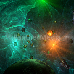 green nebula with closeup view on planet and sun