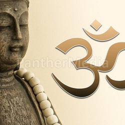 zen buddha with mala chain and om sign