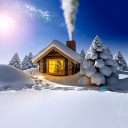 A small wooden house in a fantastic snow forest on the eve of New Year on a sunn