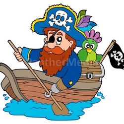 Pirate with parrot paddling in boat