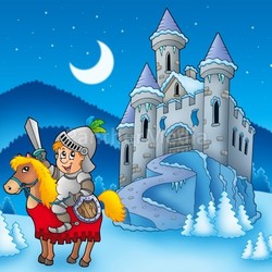 Knight on horse with winter castle