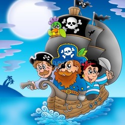 Sailboat with cartoon pirates at night