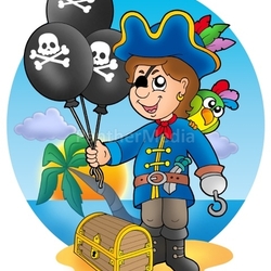 Pirate boy with balloons on beach