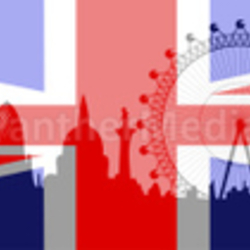 London skyline with flag on background