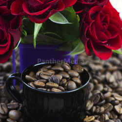 coffee beans and red roses
