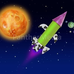 Colorful fantasy rocket flying into blue space